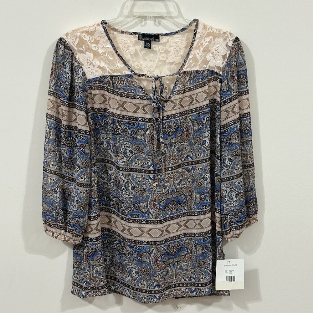 Signature Studio Paisley Elastic Cuff Tie Front V-Neck Blouse 3/4 Sleeves Size L